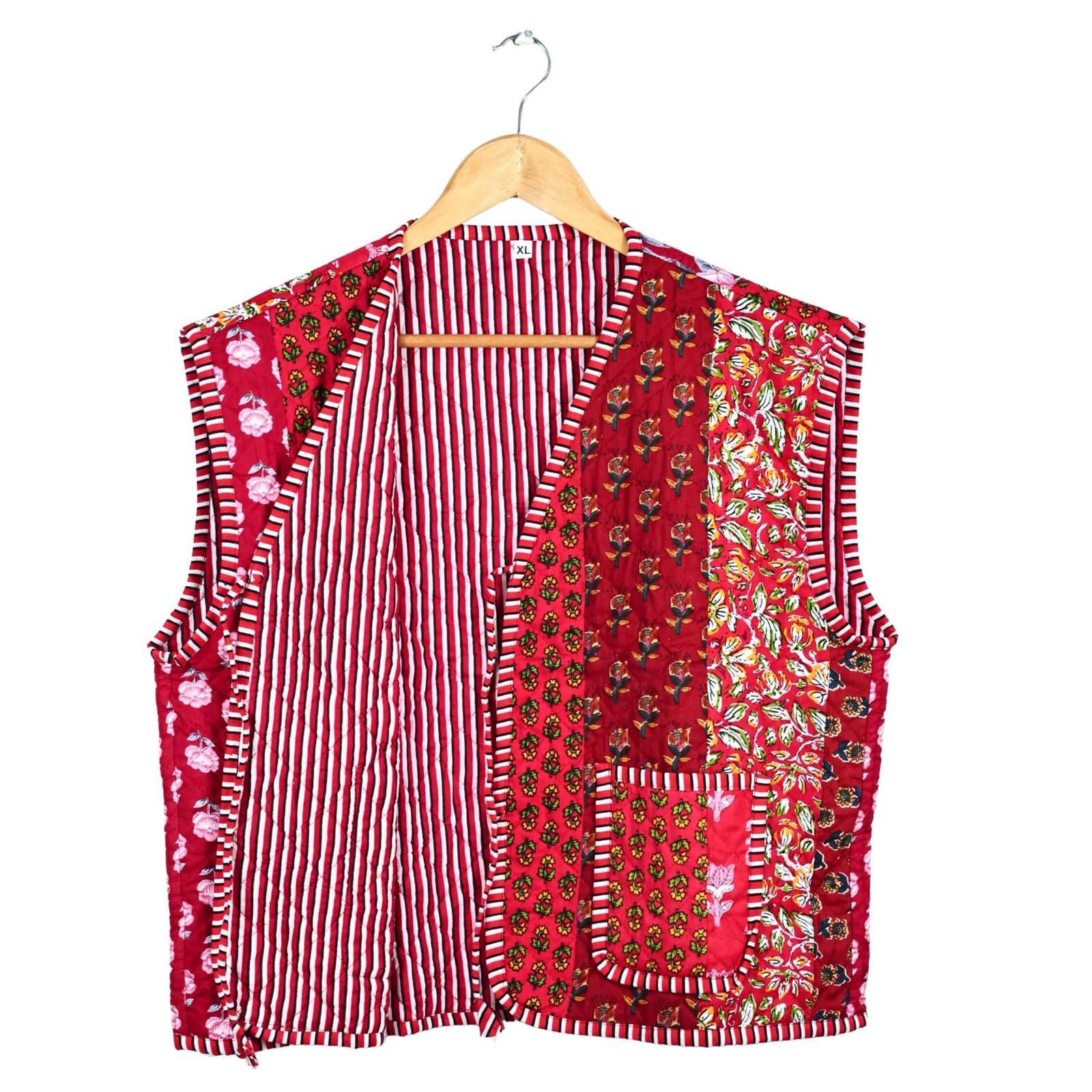 Elegant Patchwork Style Cotton Quilted Jacket In Red & Multicolor - Image 4
