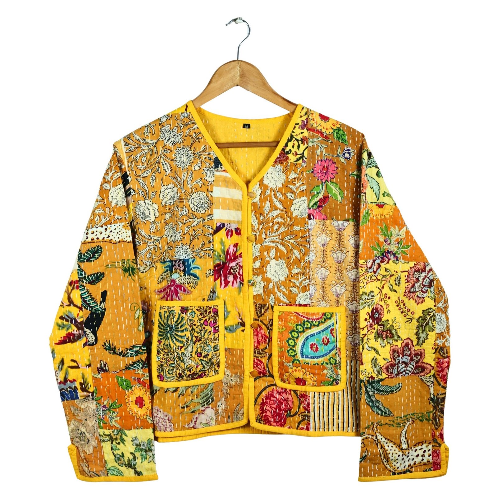 Soul Stitch Patchwork Style Cotton Quilted Jacket In Yellow & Multicolor - Image 2