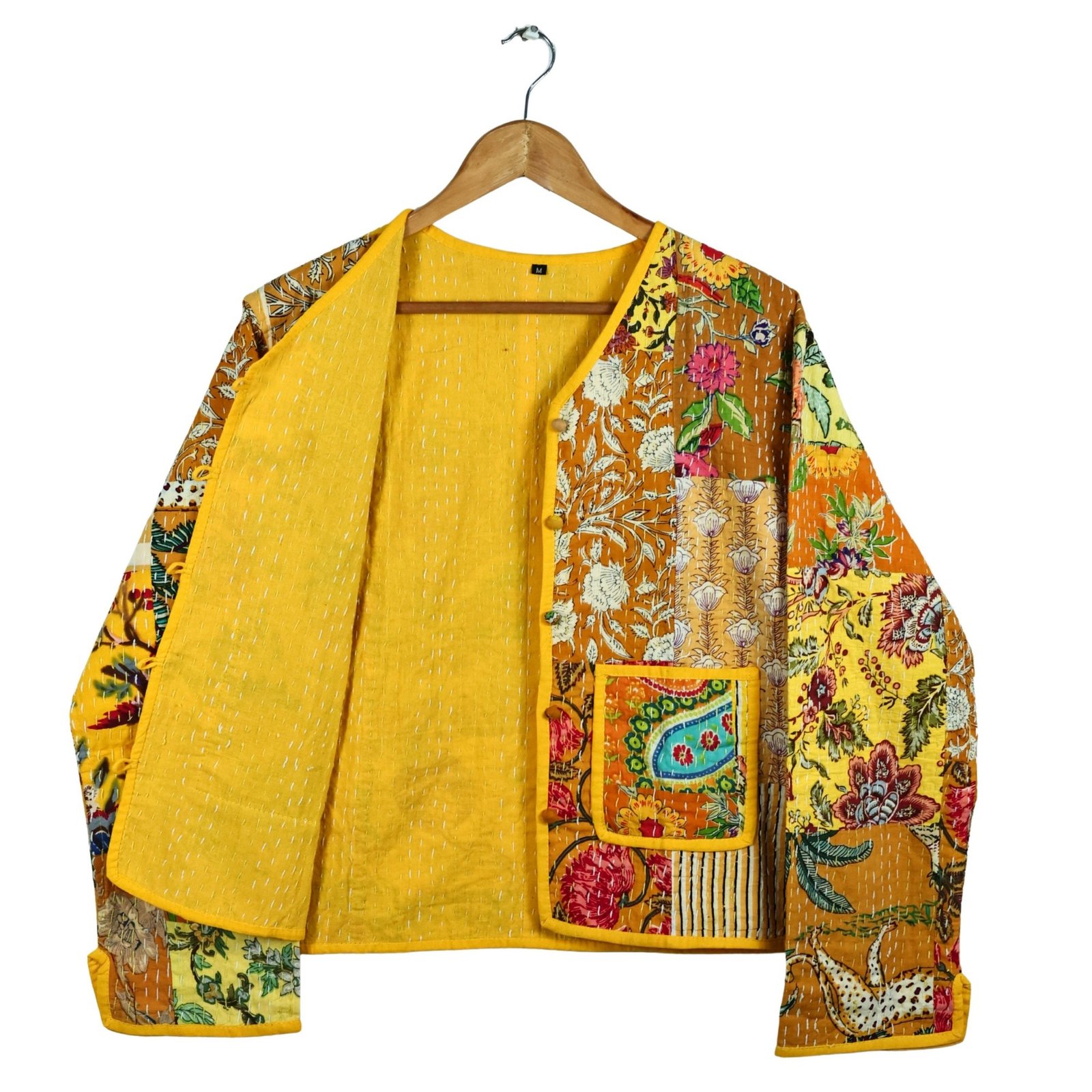 Soul Stitch Patchwork Style Cotton Quilted Jacket In Yellow & Multicolor - Image 4