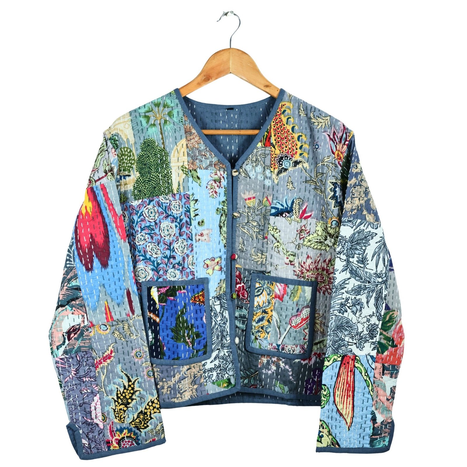Happy Bloom Patchwork Style Cotton Quilted Jacket In Blue & Multicolor - Image 2