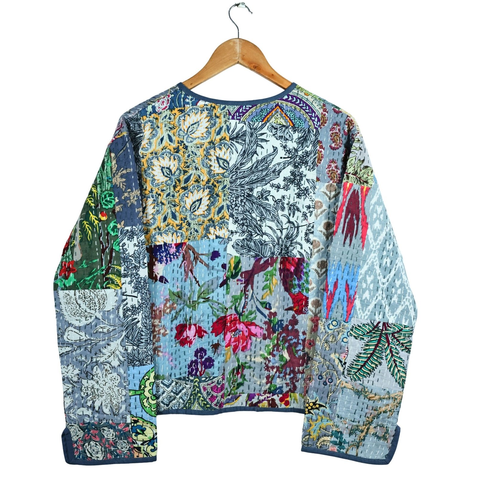 Happy Bloom Patchwork Style Cotton Quilted Jacket In Blue & Multicolor - Image 3