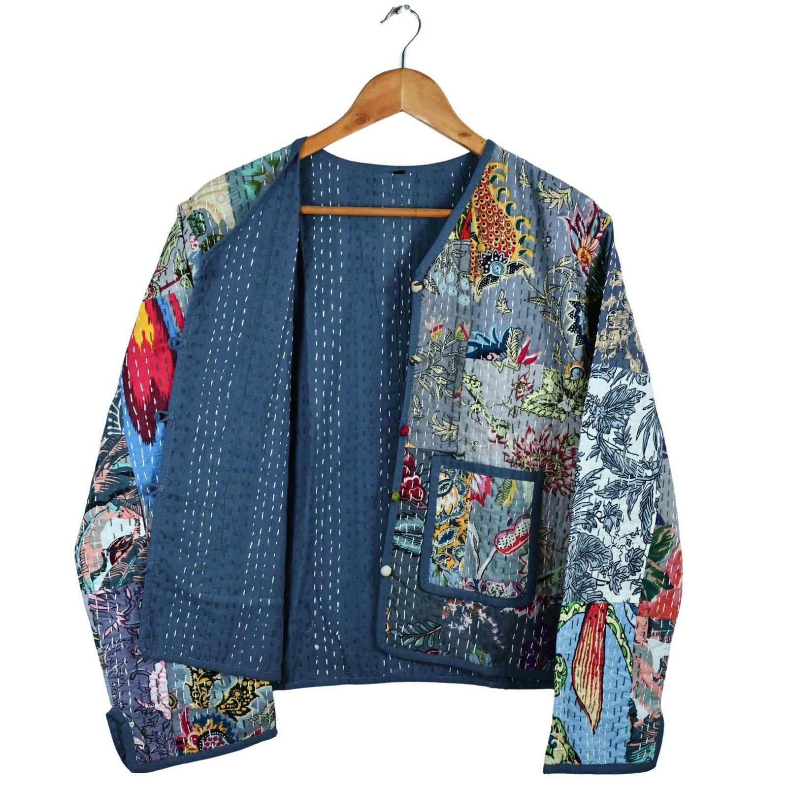 Happy Bloom Patchwork Style Cotton Quilted Jacket In Blue & Multicolor - Image 4