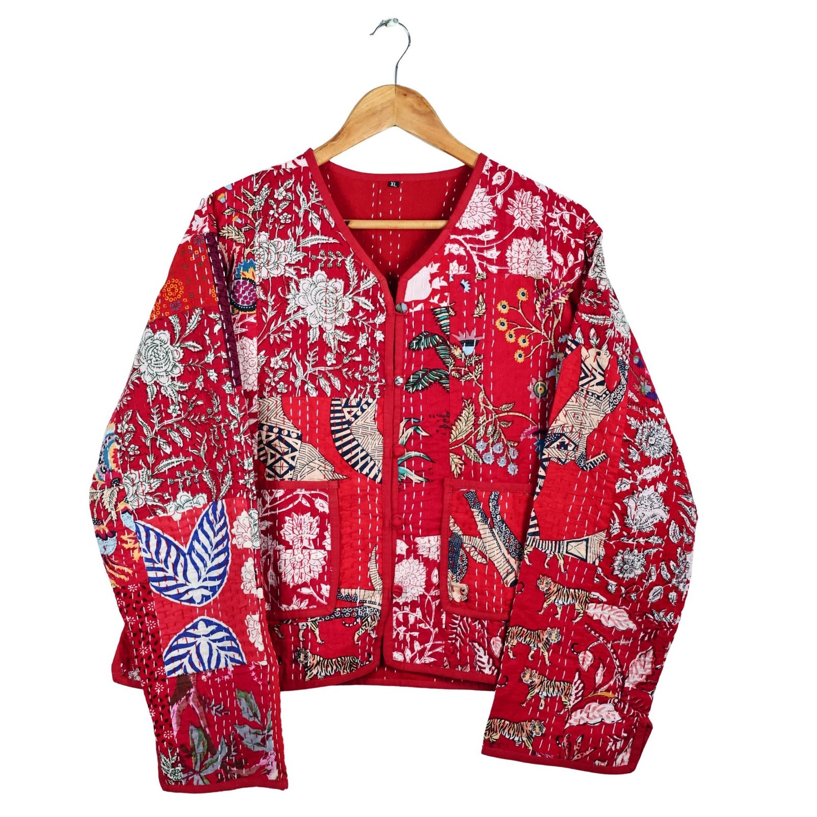 Happy Vibe Patchwork Style Cotton Quilted Jacket In Red & Multicolor - Image 2