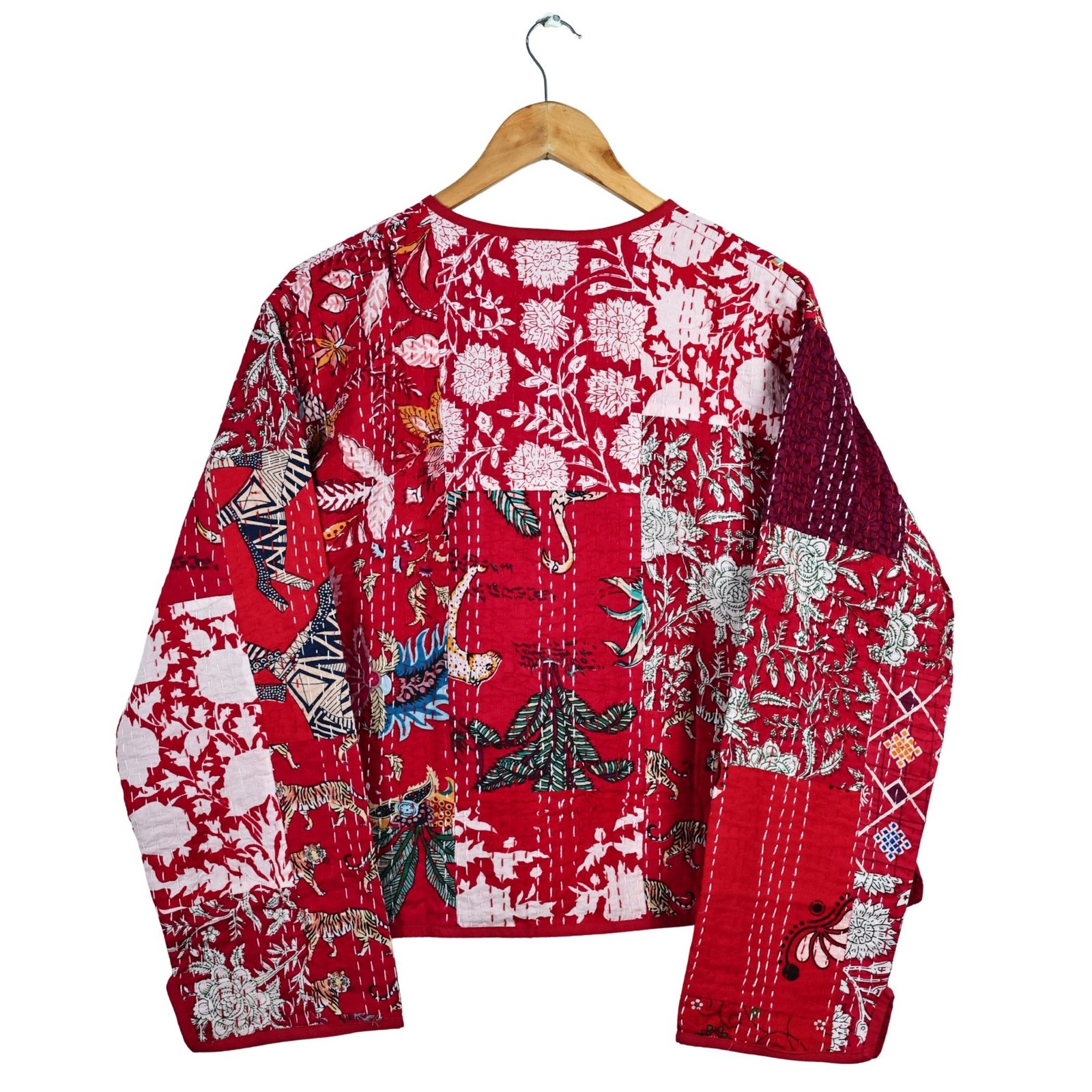 Happy Vibe Patchwork Style Cotton Quilted Jacket In Red & Multicolor - Image 3