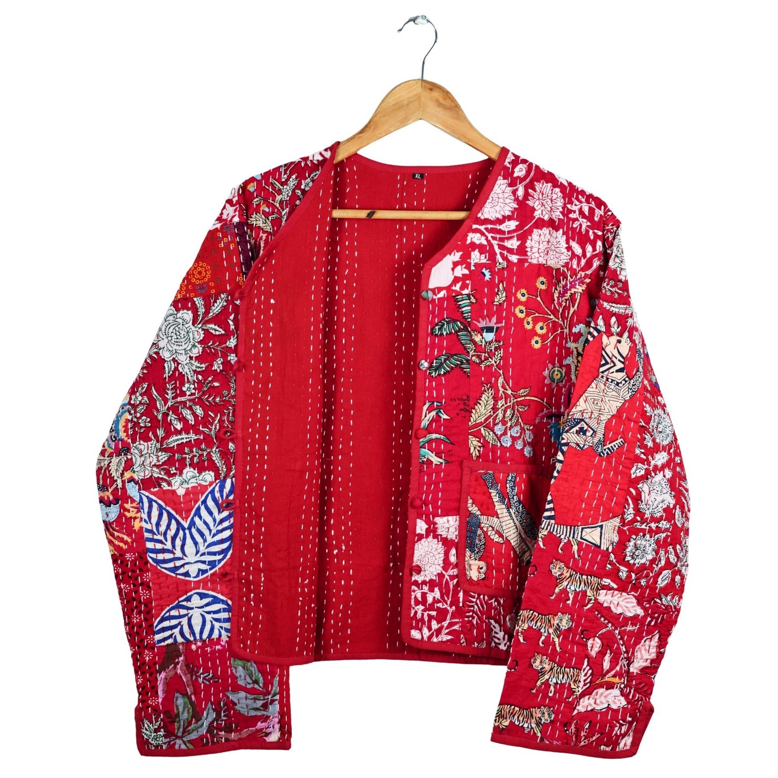 Happy Vibe Patchwork Style Cotton Quilted Jacket In Red & Multicolor - Image 4