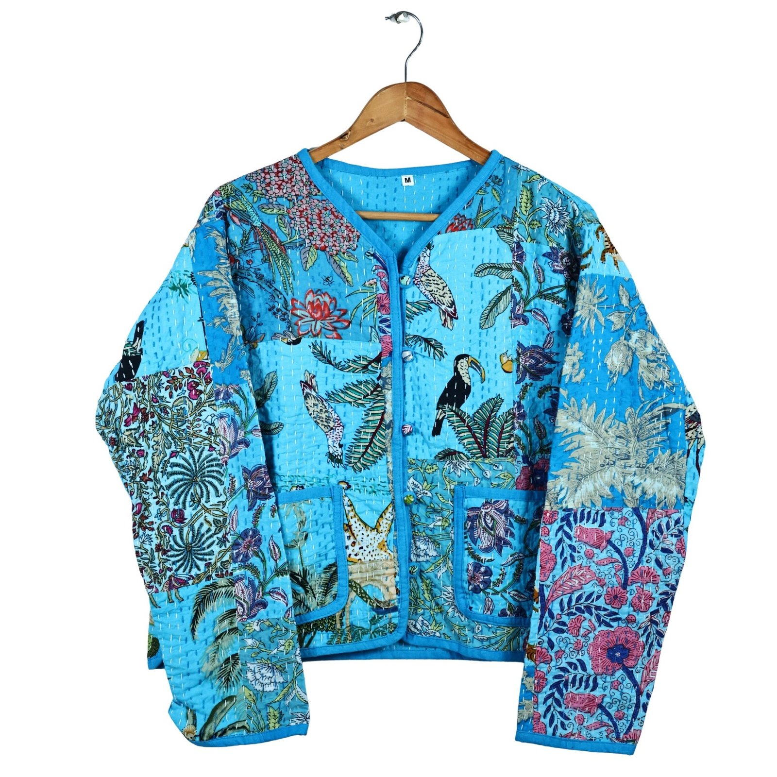 Joy Vibe Patchwork Style Cotton Quilted Jacket In Sky blue & Multicolor - Image 2