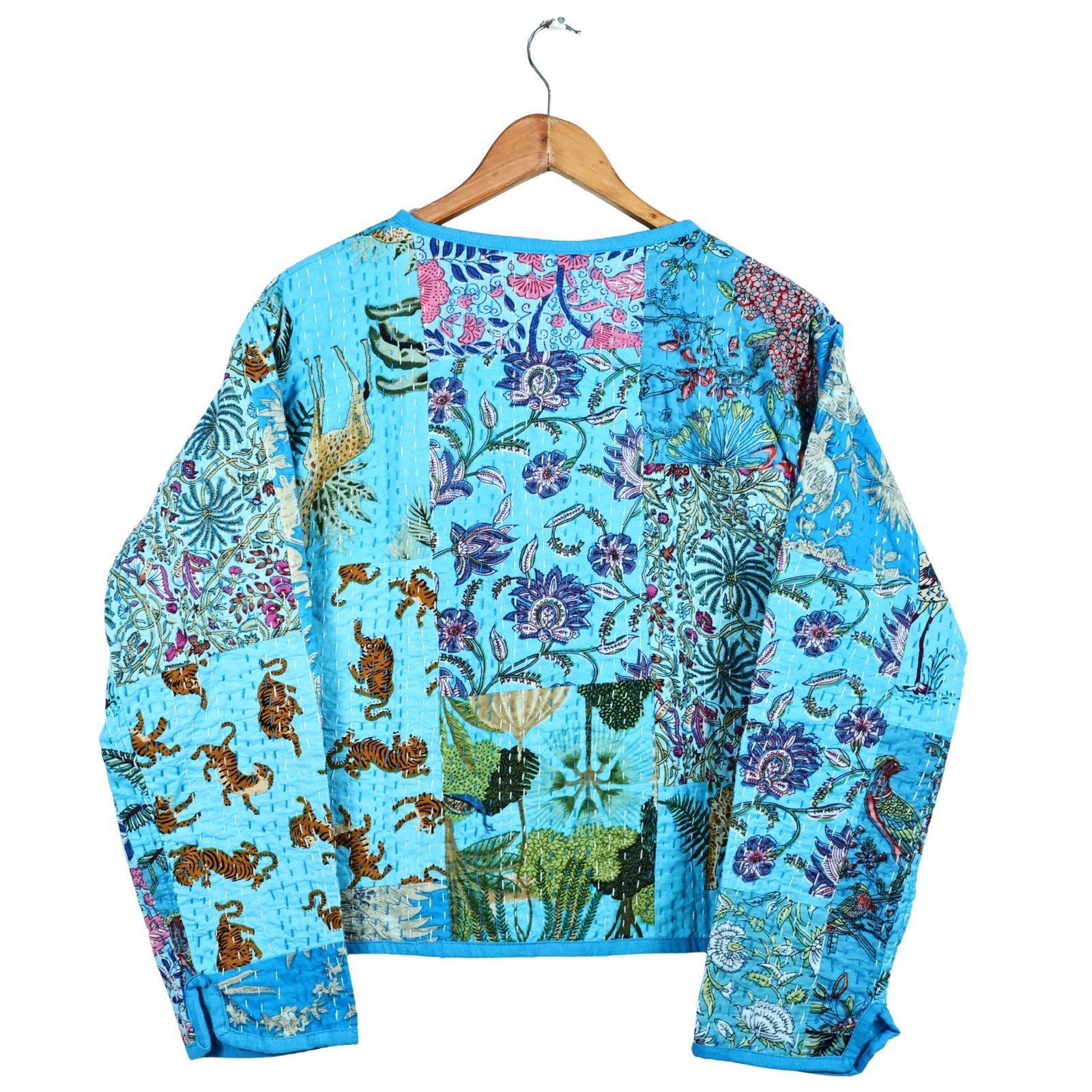Joy Vibe Patchwork Style Cotton Quilted Jacket In Sky blue & Multicolor - Image 3