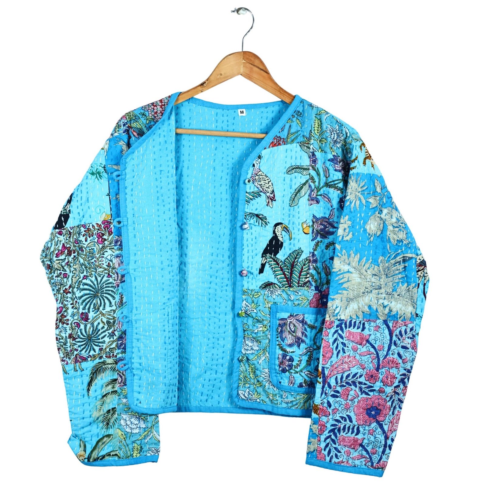Joy Vibe Patchwork Style Cotton Quilted Jacket In Sky blue & Multicolor - Image 4