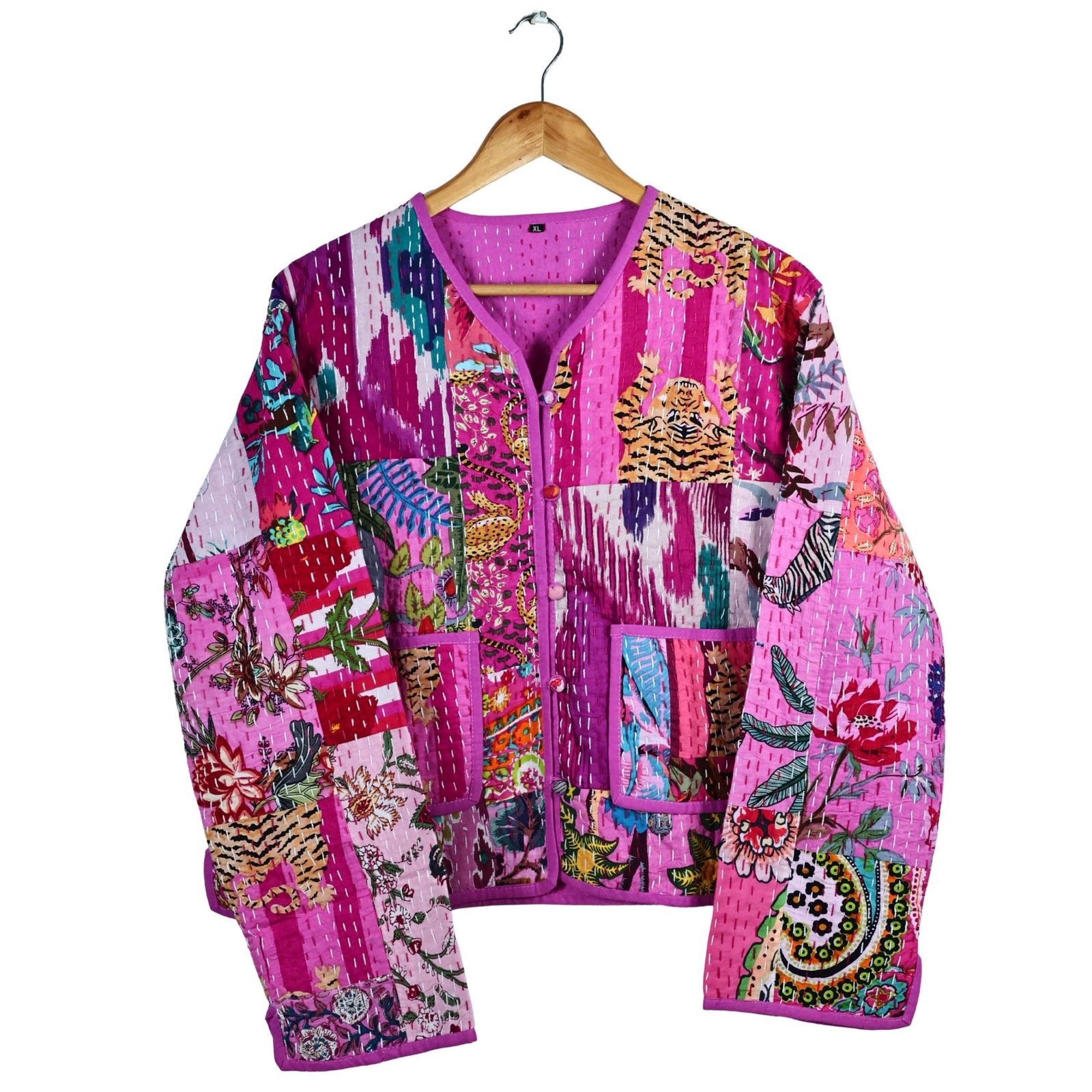 Graceful Patchwork Style Cotton Quilted Jacket In Pink & Multicolor - Image 2