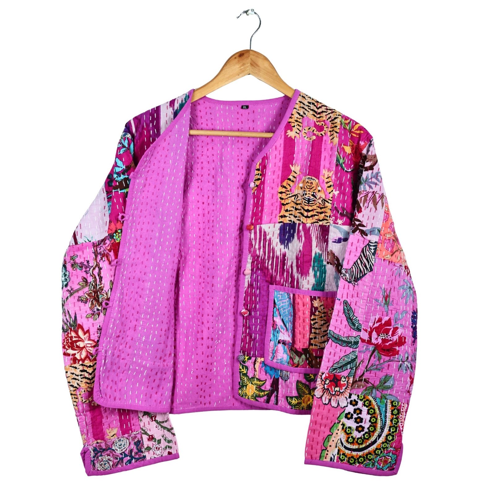 Graceful Patchwork Style Cotton Quilted Jacket In Pink & Multicolor - Image 4