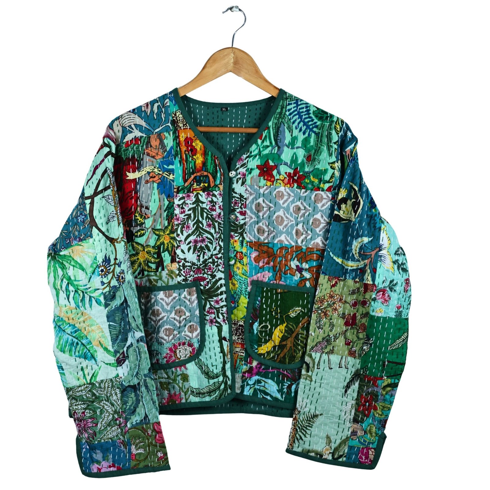 The Garden Patchwork Style Cotton Quilted Jacket In Green & Multicolor - Image 2