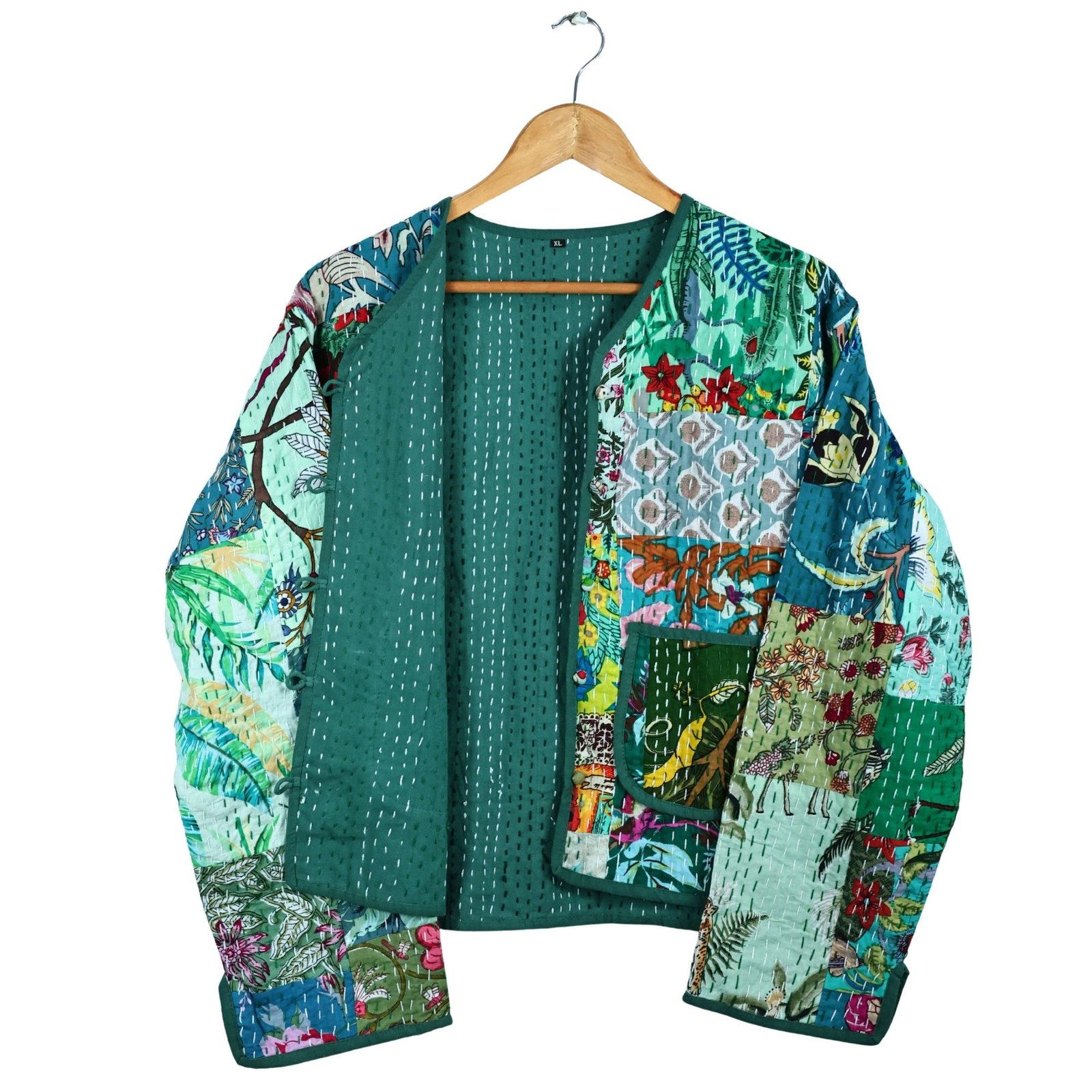 The Garden Patchwork Style Cotton Quilted Jacket In Green & Multicolor - Image 4