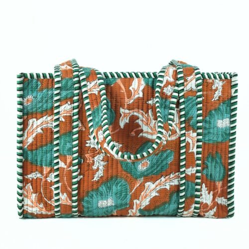 Jaipur Blossom Block Printed Floral Tote Bag In Brown & Multicolor