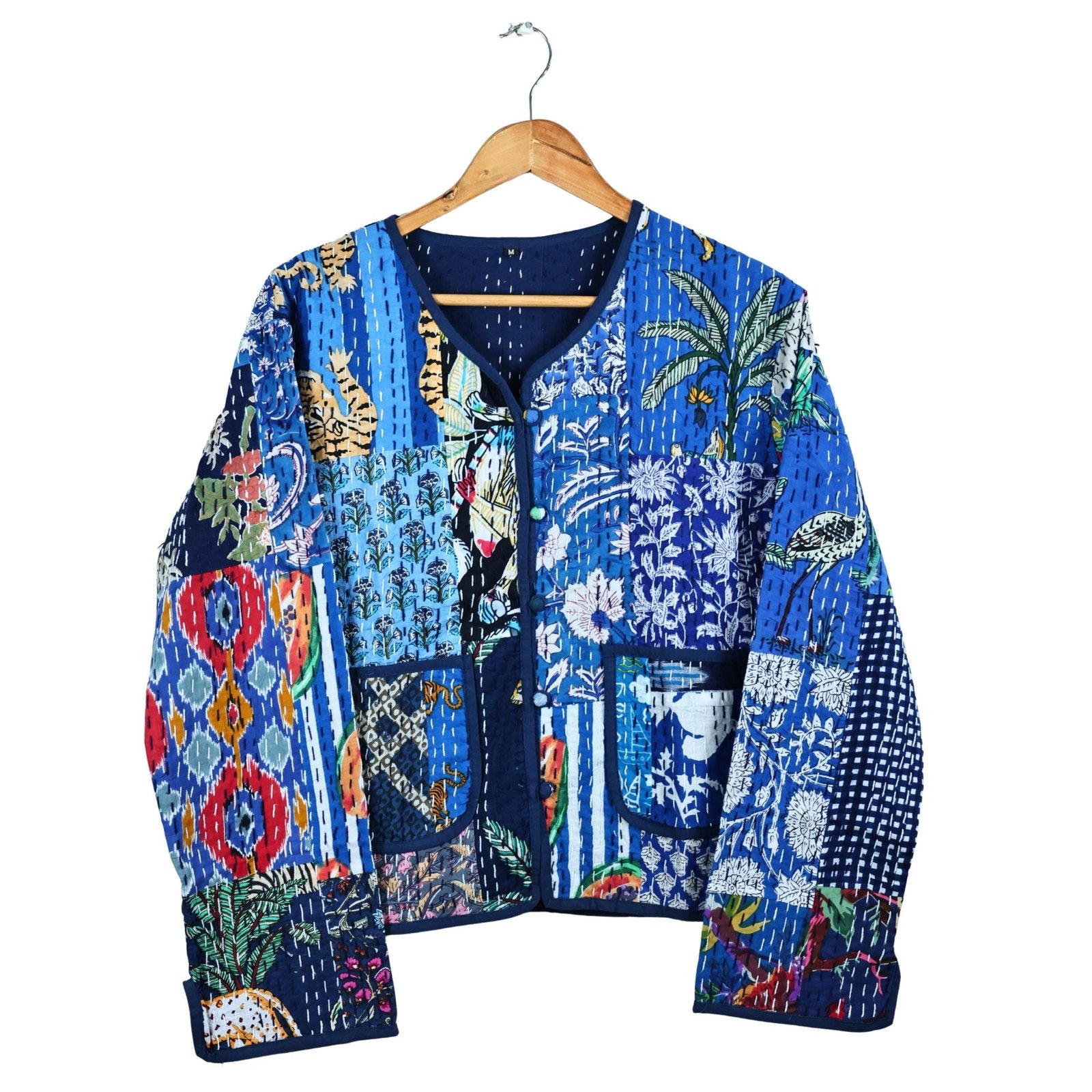 The Charm Patchwork Style Cotton Quilted Jacket In Blue & Multicolor - Image 2