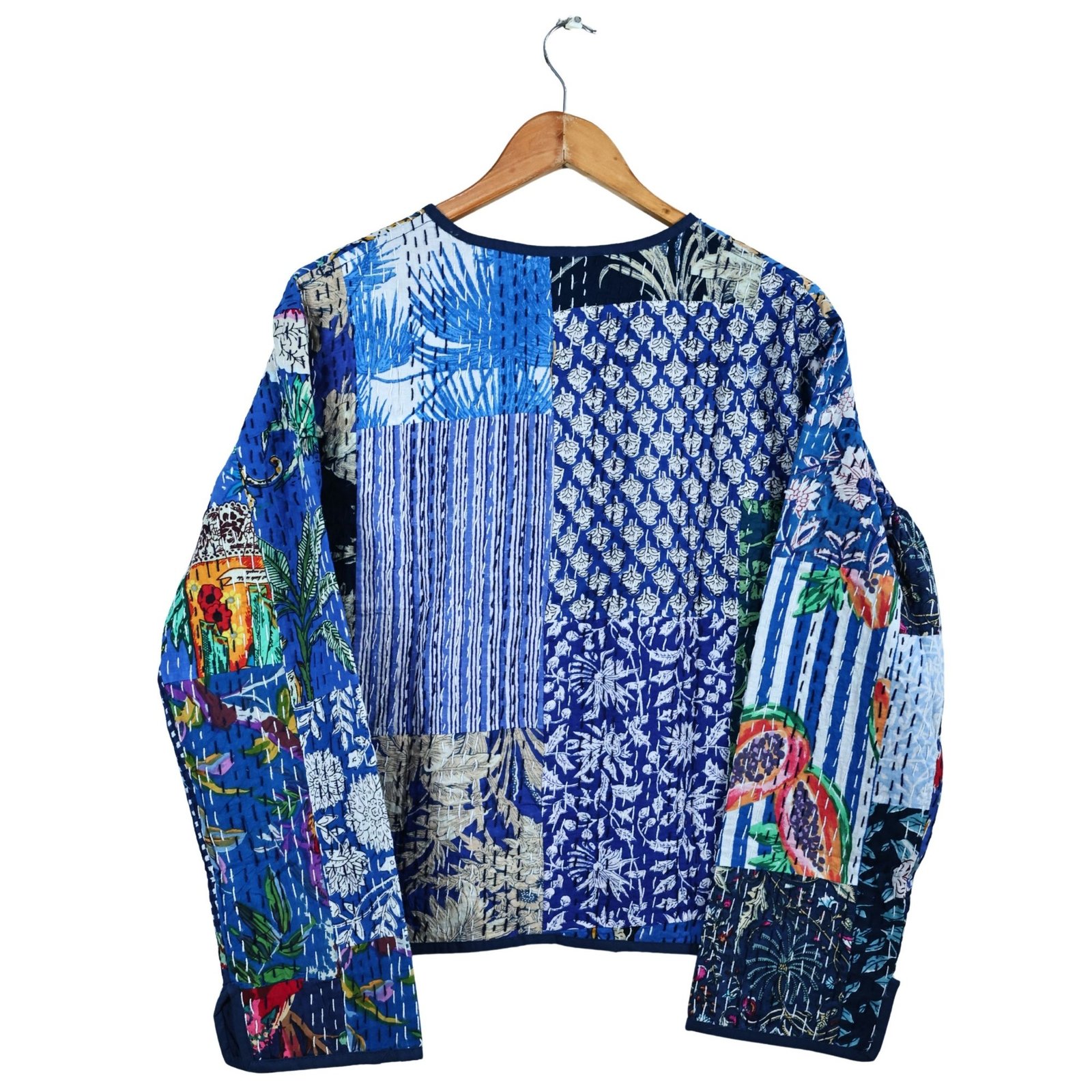 The Charm Patchwork Style Cotton Quilted Jacket In Blue & Multicolor - Image 3