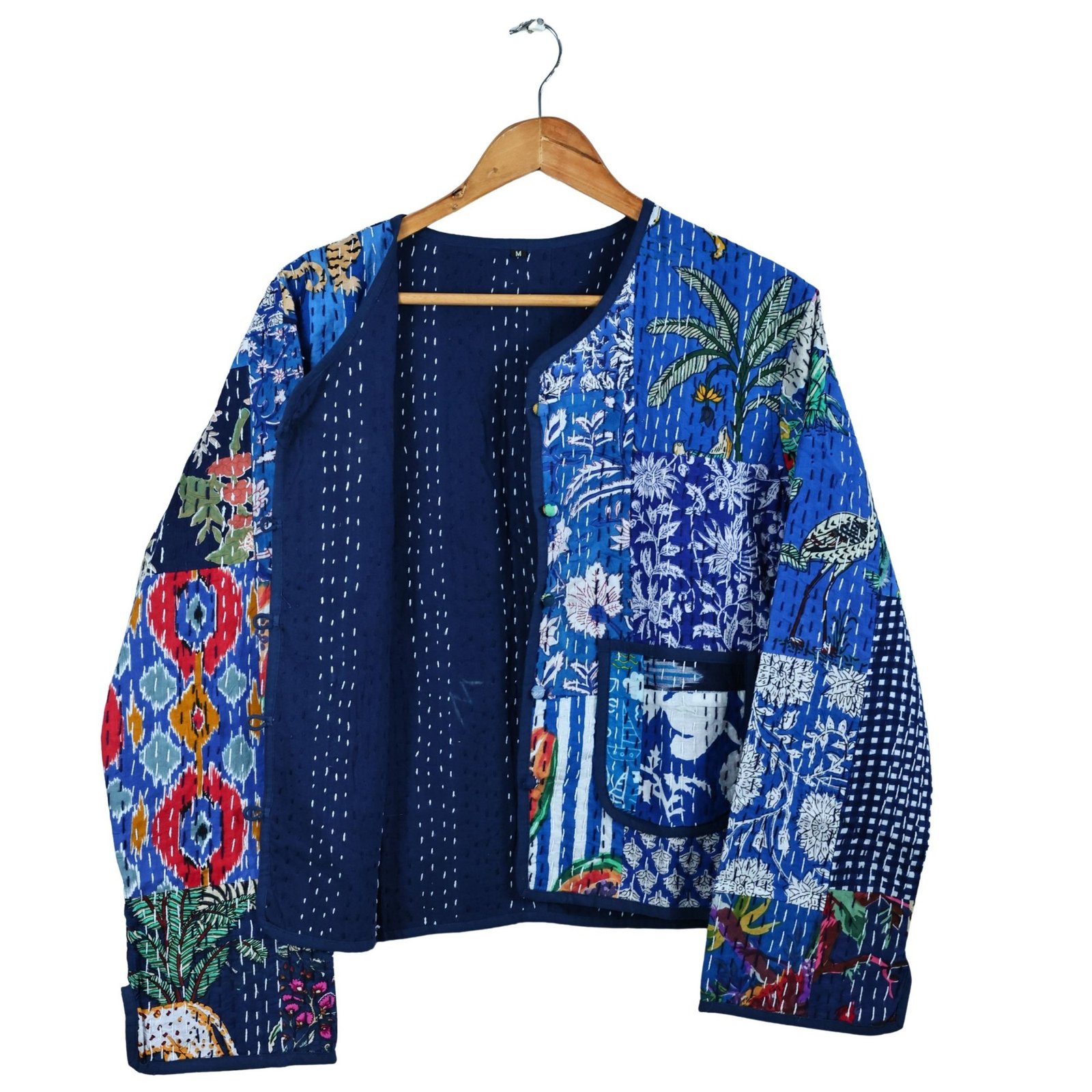 The Charm Patchwork Style Cotton Quilted Jacket In Blue & Multicolor - Image 4