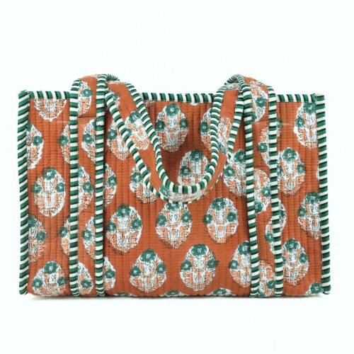 Block Printed Floral Tote Bag In Brown & Multicolor