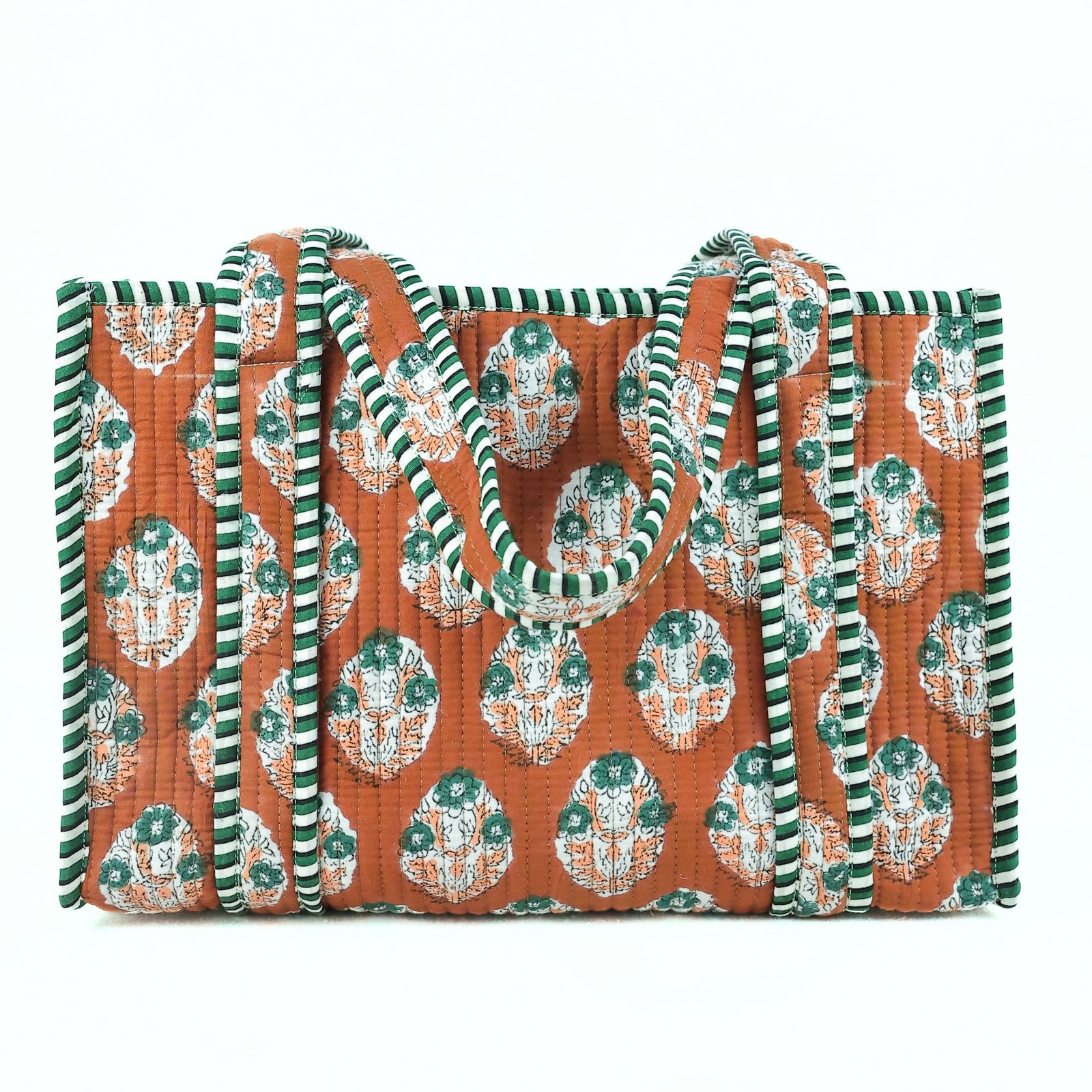 Block Printed Floral Tote Bag In Brown & Multicolor