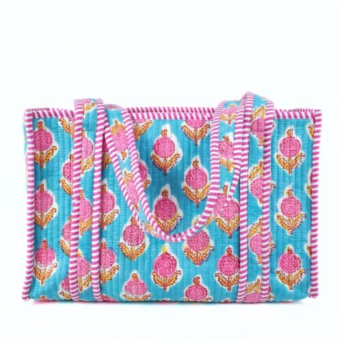 Garden Grace Cotton Block Printed Tote Bag In Blue & Pink