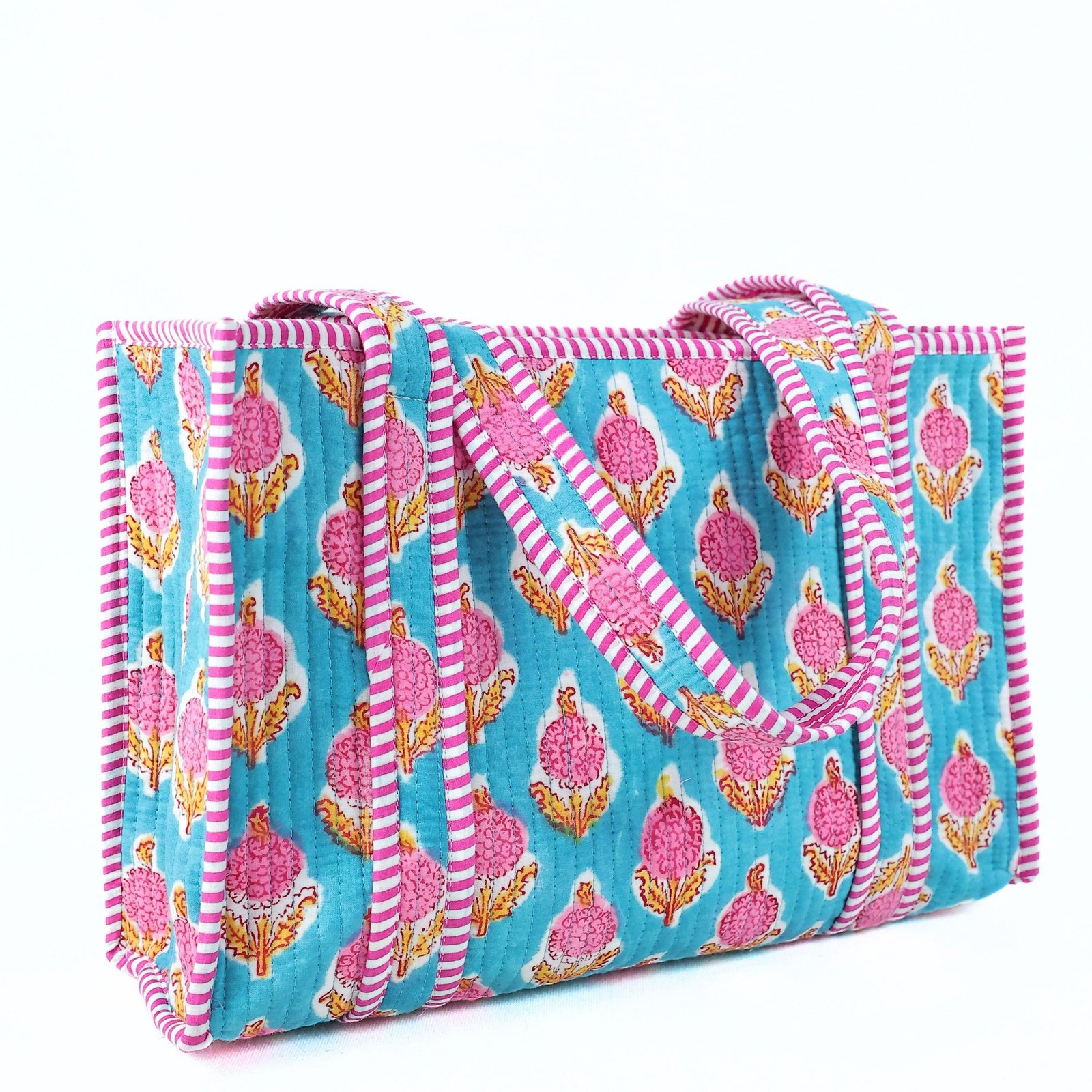 Garden Grace Cotton Block Printed Tote Bag In Blue & Pink - Image 3