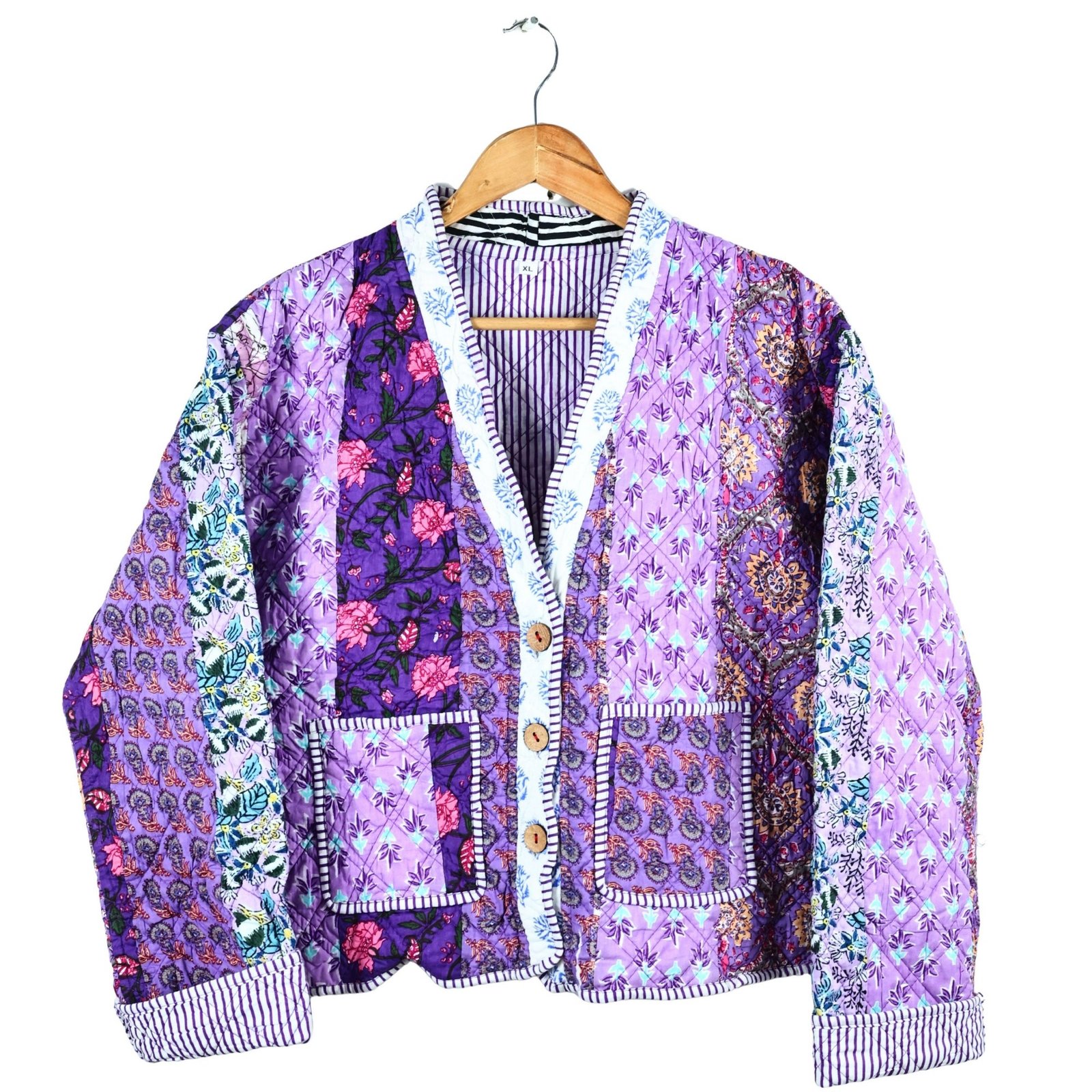 The Artisanal Patchwork Style Cotton Quilted Jacket In Purple & Multicolor - Image 3