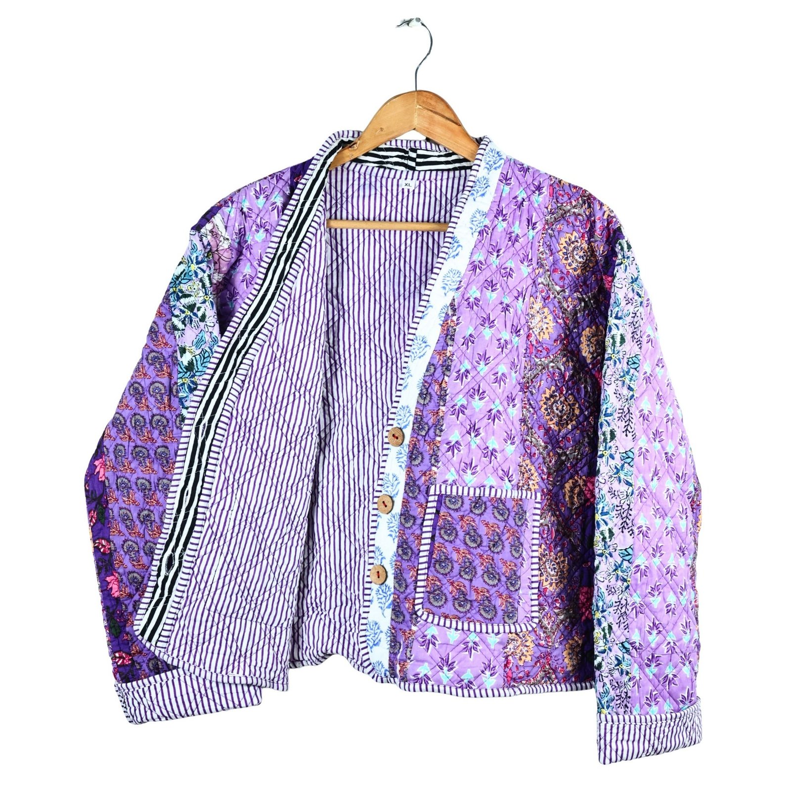 The Artisanal Patchwork Style Cotton Quilted Jacket In Purple & Multicolor - Image 5