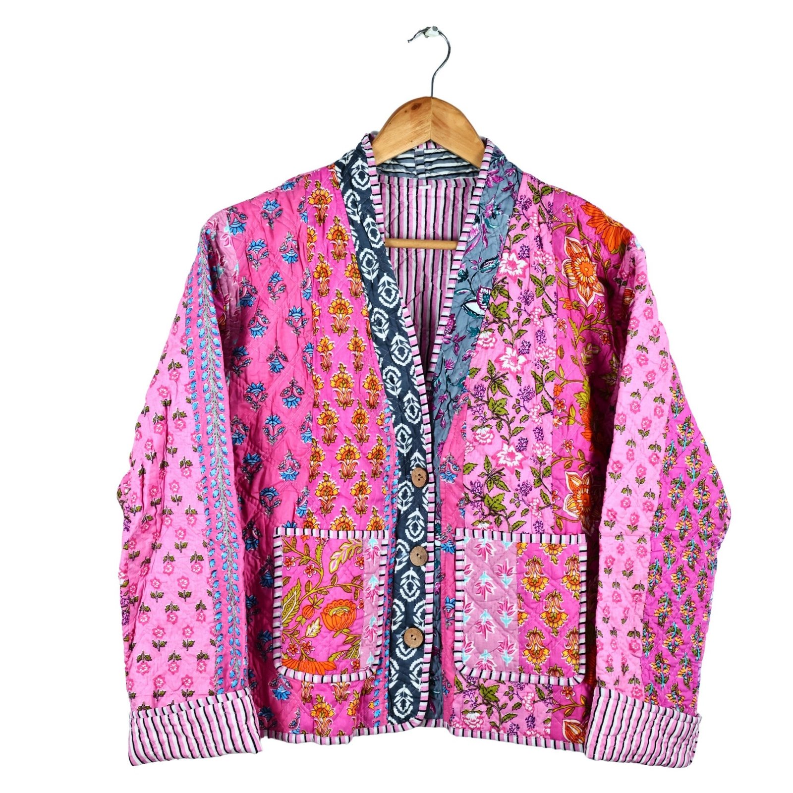 The Textile Story Patchwork Style Cotton Quilted Jacket In Pink & Multicolor - Image 2