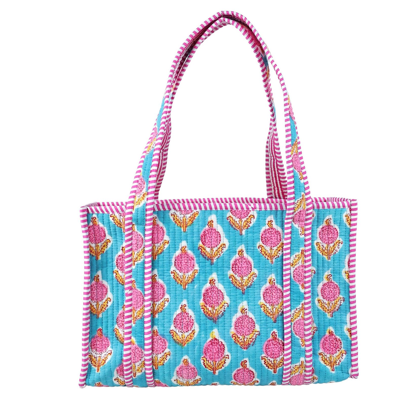 Garden Grace Cotton Block Printed Tote Bag In Blue & Pink - Image 4