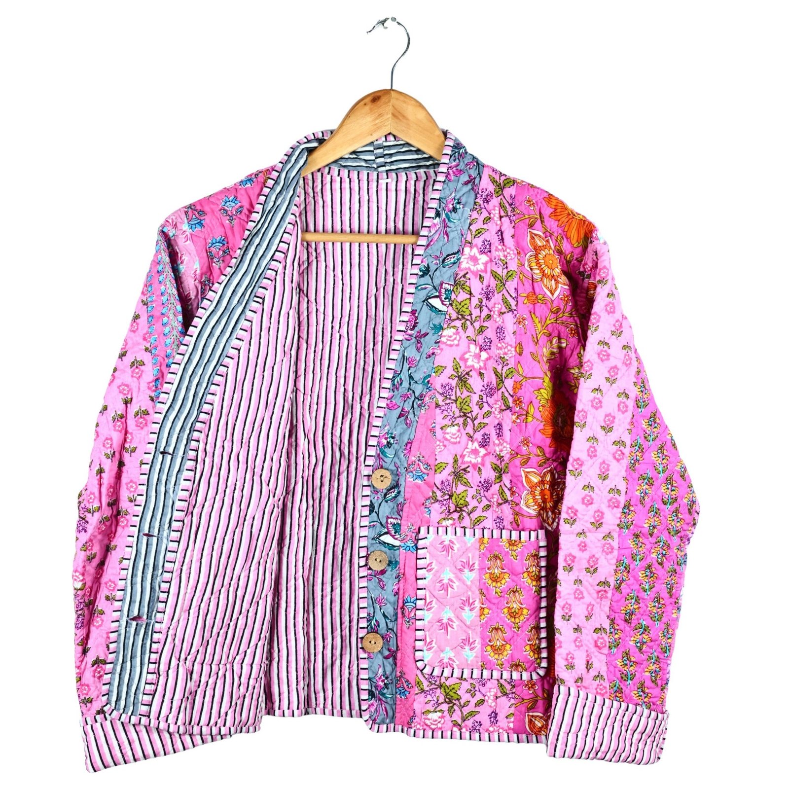 The Textile Story Patchwork Style Cotton Quilted Jacket In Pink & Multicolor - Image 4
