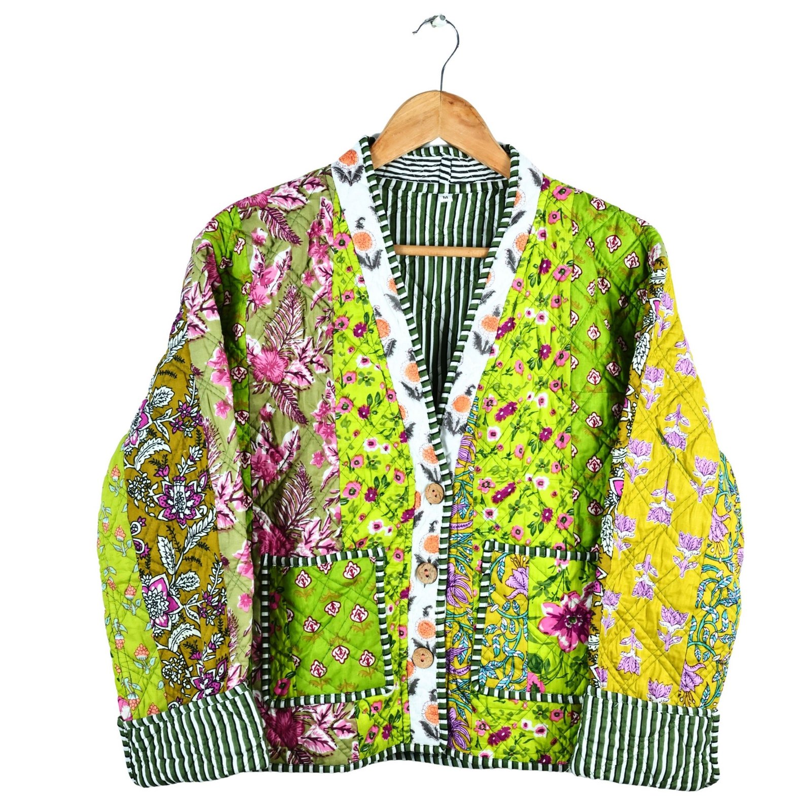 The Florence Patchwork Style Cotton Quilted Jacket In Green & Multicolor - Image 2