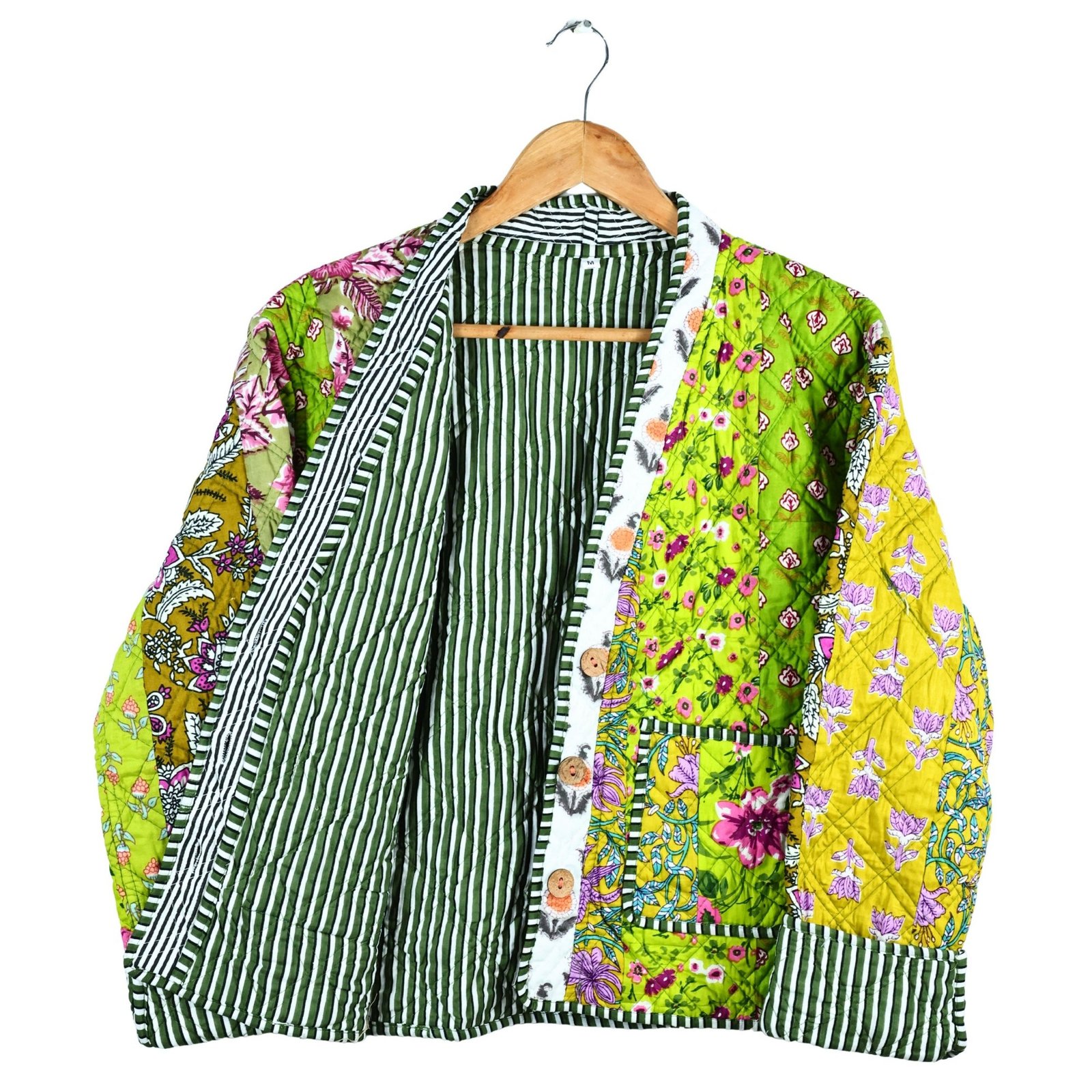 The Florence Patchwork Style Cotton Quilted Jacket In Green & Multicolor - Image 4
