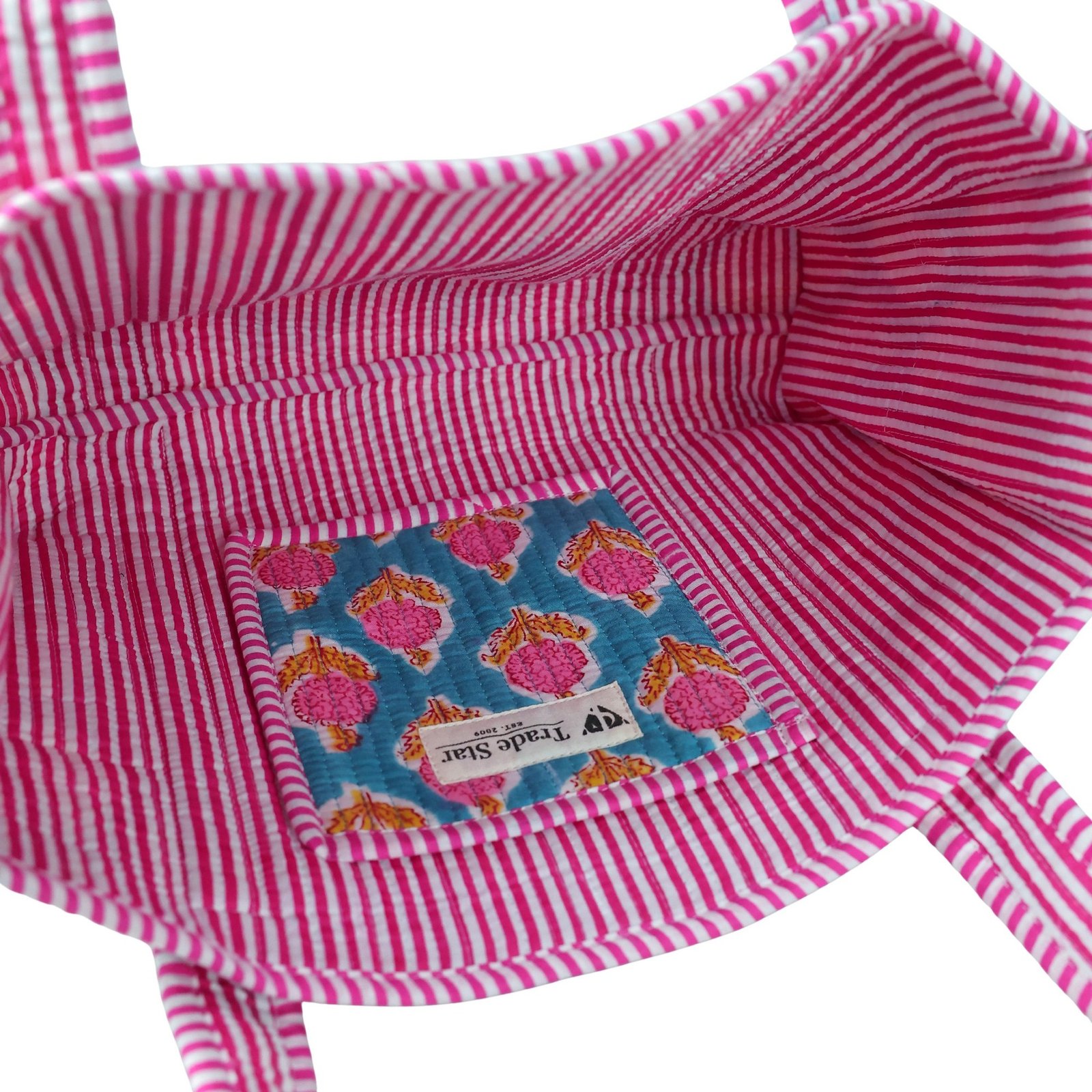 Garden Grace Cotton Block Printed Tote Bag In Blue & Pink - Image 5