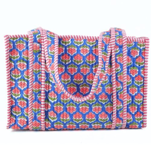 Bloom & Breeze Cotton Block Printed Tote Bag In Blue & Pink