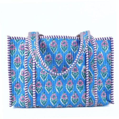 Floral Charm Everyday Cotton Block Printed Tote Bag In Blue