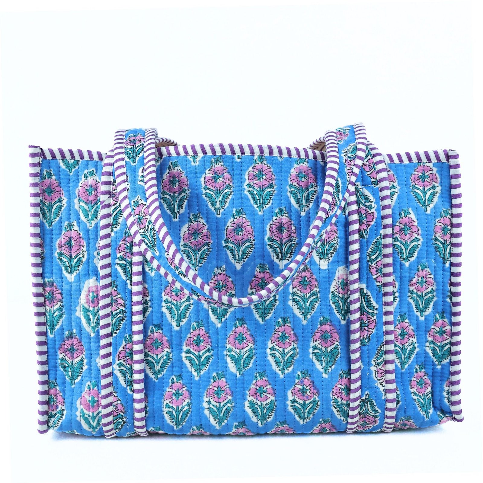 Floral Charm Everyday Cotton Block Printed Tote Bag In Blue