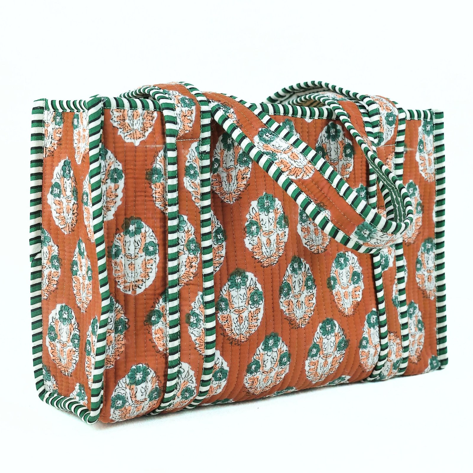 Block Printed Floral Tote Bag In Brown & Multicolor - Image 3