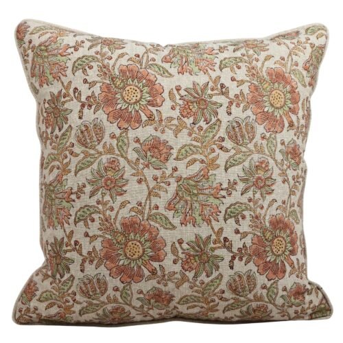 Natural Floral Block Printed Cotton Canvas Cushion Cover