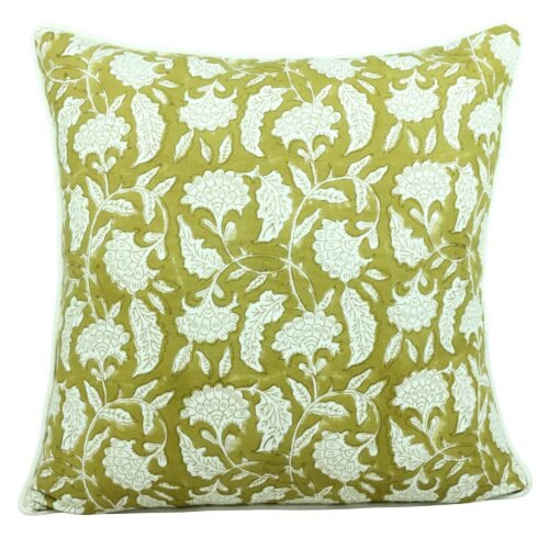Olive Green Floral Hand Block Printed Cotton Canvas Cushion Cover