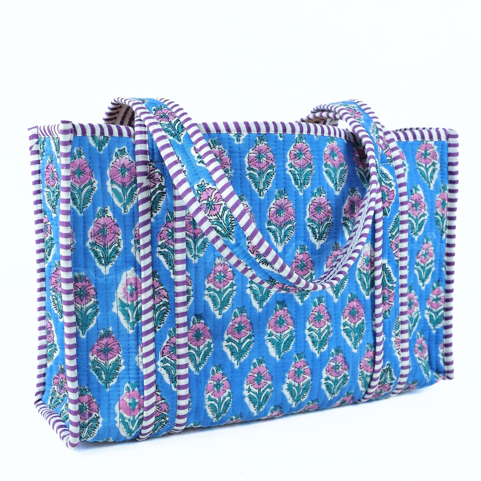 Floral Charm Everyday Cotton Block Printed Tote Bag In Blue - Image 3