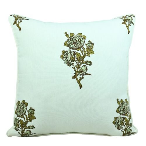 Mint Garden Floral Block Printed Cotton Canvas Cushion Cover