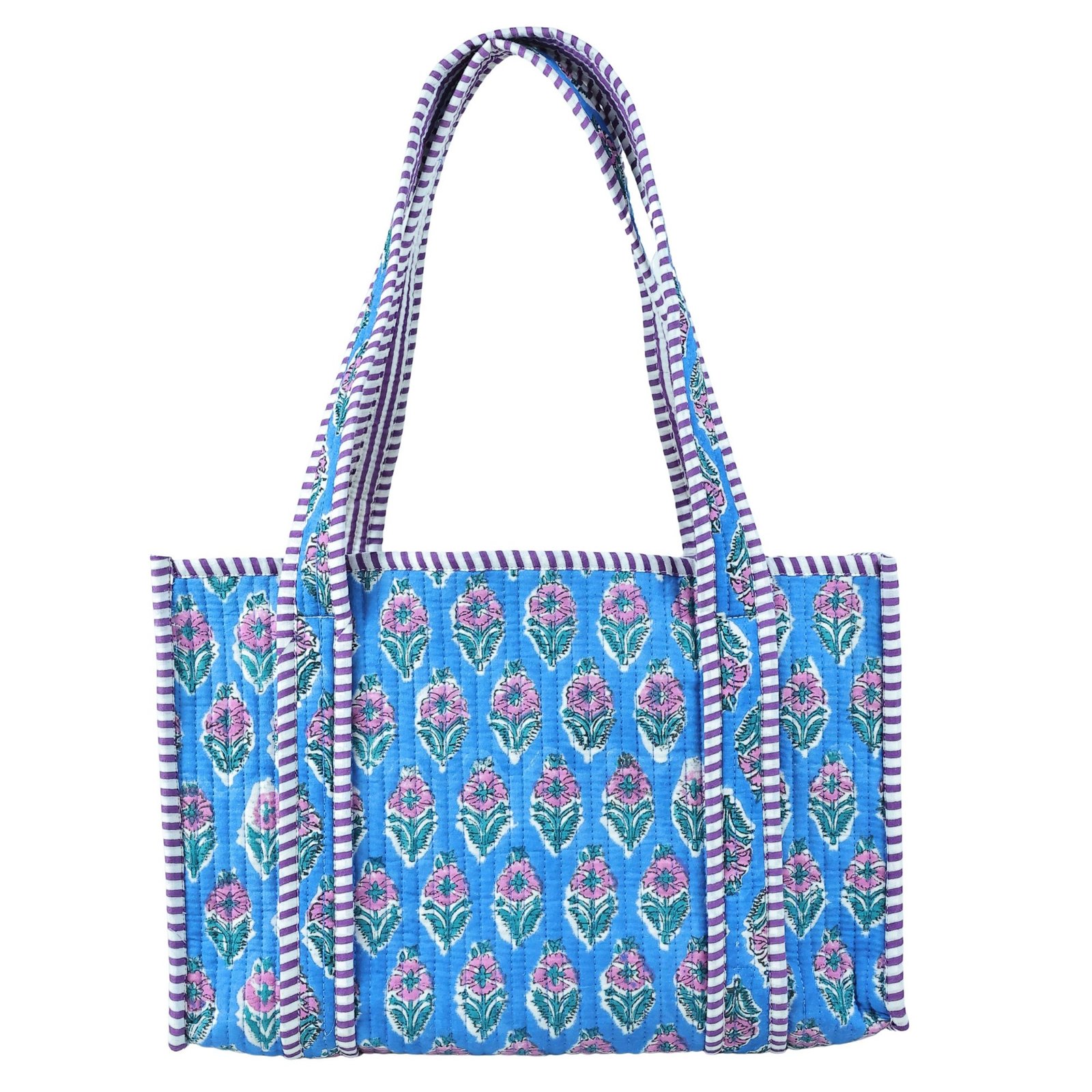 Floral Charm Everyday Cotton Block Printed Tote Bag In Blue - Image 4