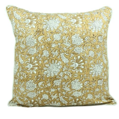Floral Hand Block Printed Cotton Canvas Cushion Cover In Yellow