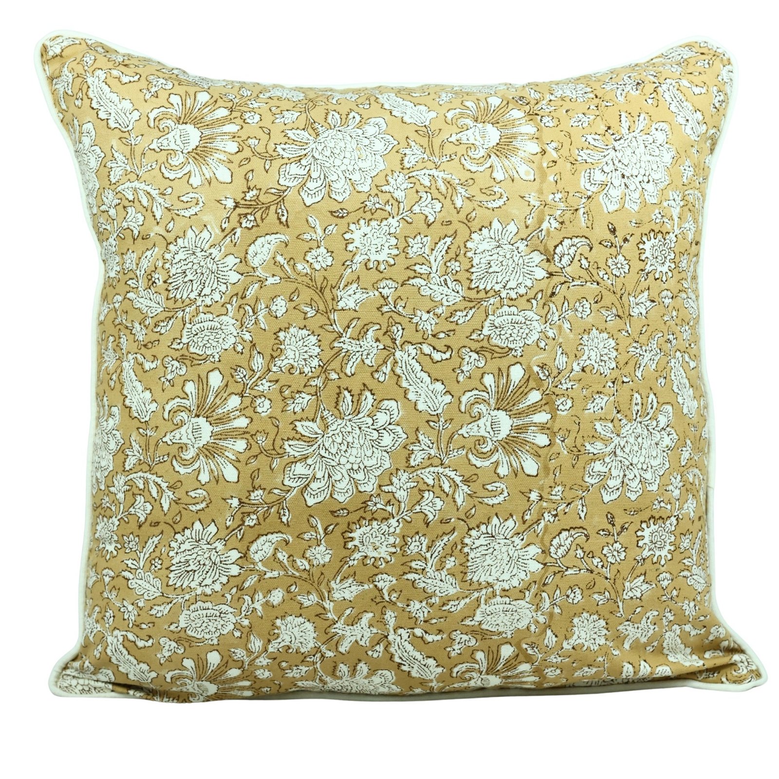 Floral Hand Block Printed Cotton Canvas Cushion Cover In Yellow