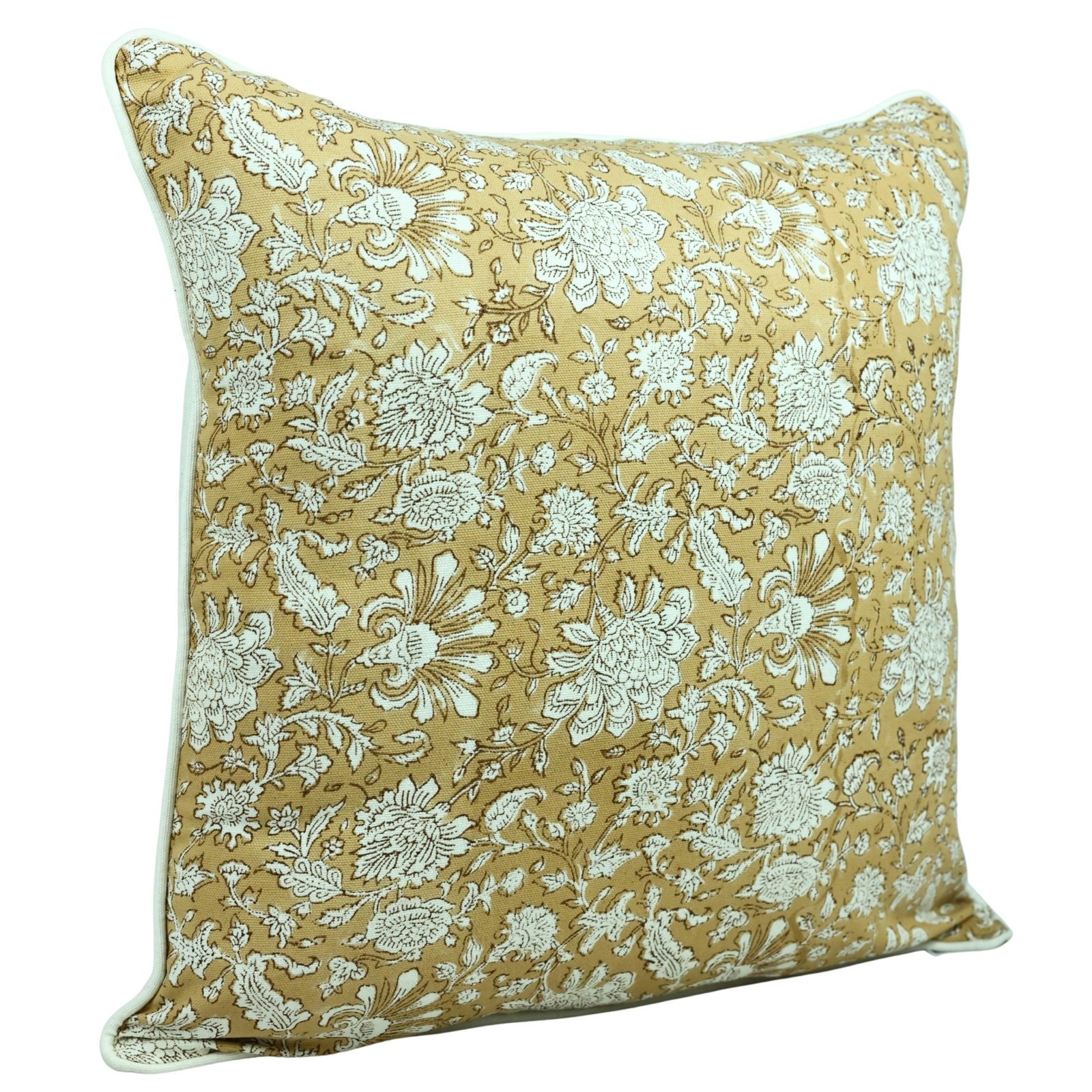Floral Hand Block Printed Cotton Canvas Cushion Cover In Yellow - Image 3