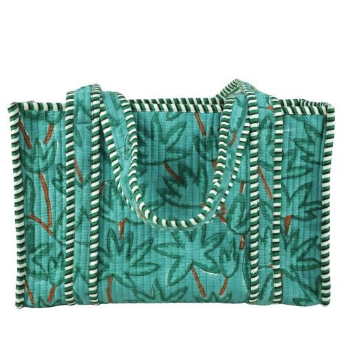 Gardenia Grace Cotton Block Printed Tote Bag In Teal Green
