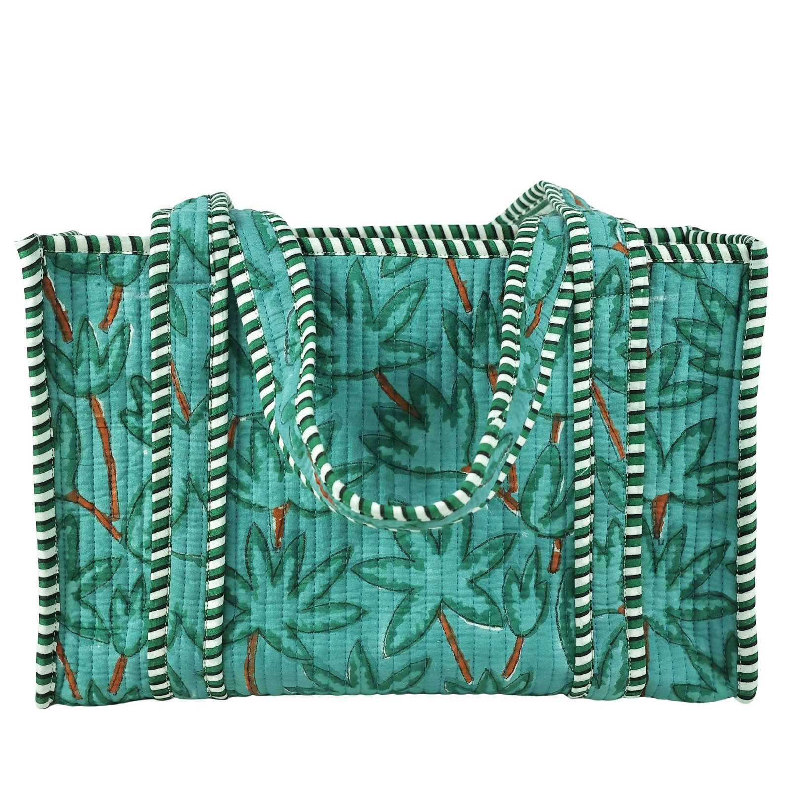 Gardenia Grace Cotton Block Printed Tote Bag In Teal Green