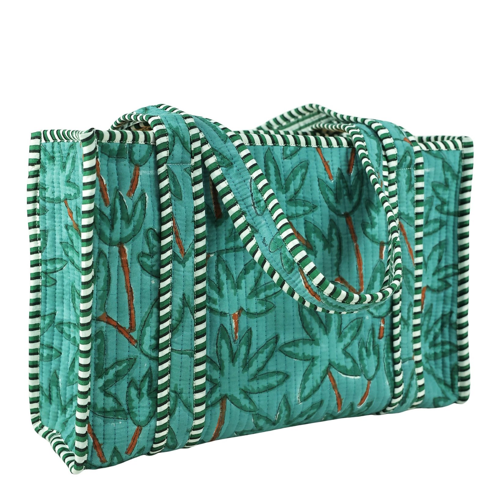 Gardenia Grace Cotton Block Printed Tote Bag In Teal Green - Image 2