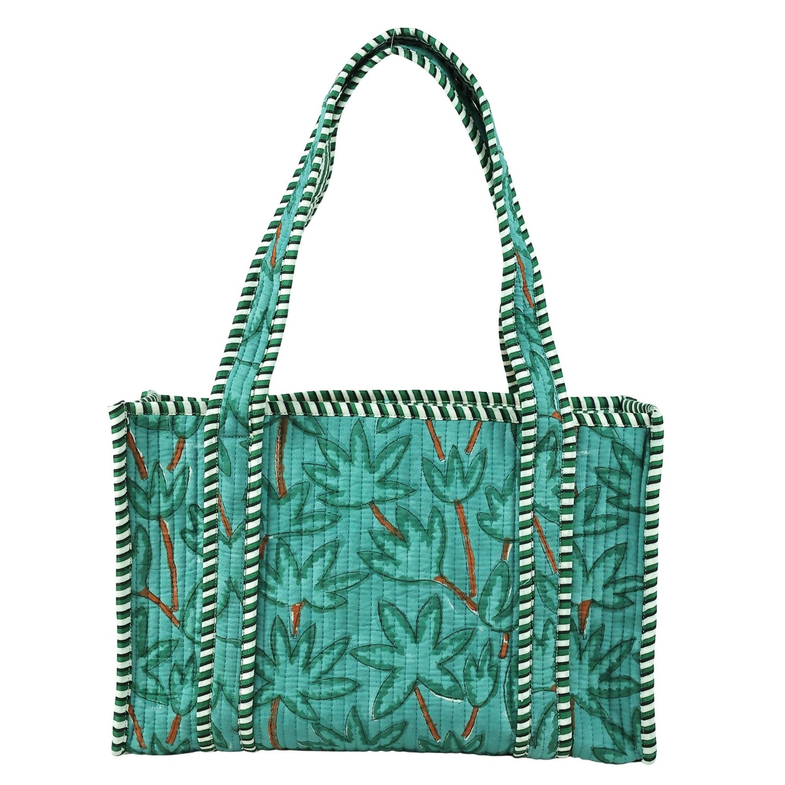 Gardenia Grace Cotton Block Printed Tote Bag In Teal Green - Image 3