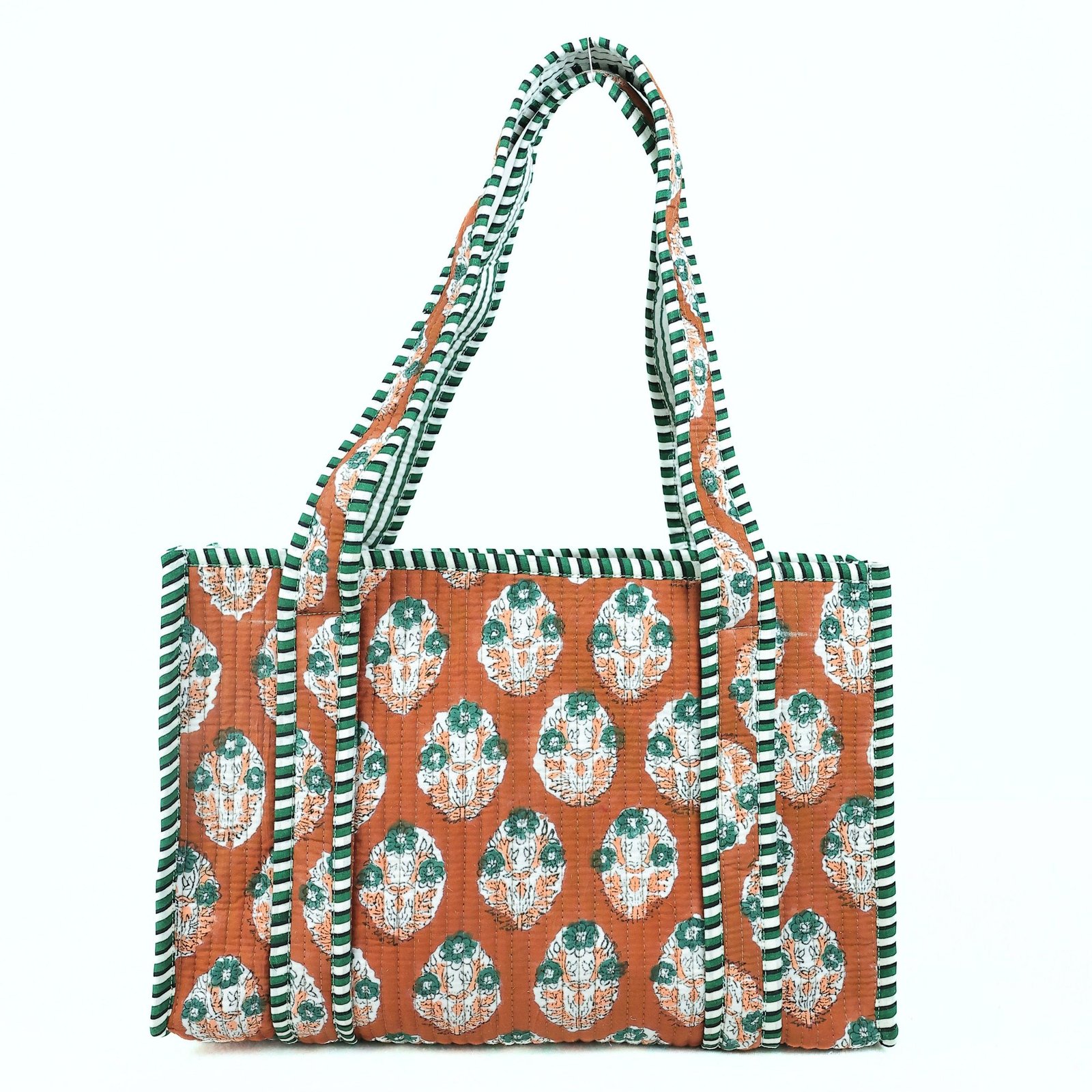 Block Printed Floral Tote Bag In Brown & Multicolor - Image 4