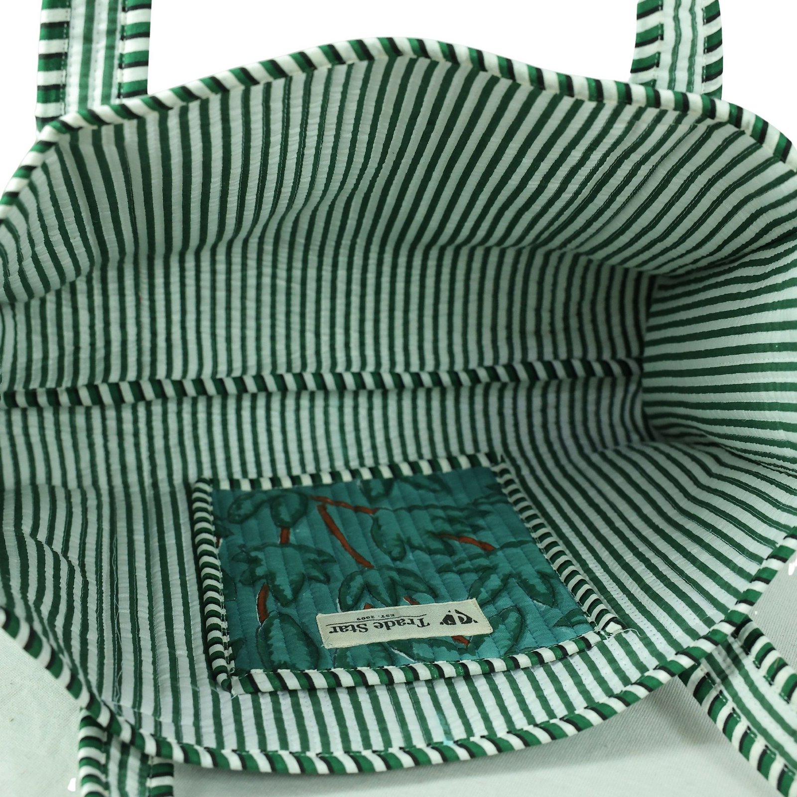 Gardenia Grace Cotton Block Printed Tote Bag In Teal Green - Image 4